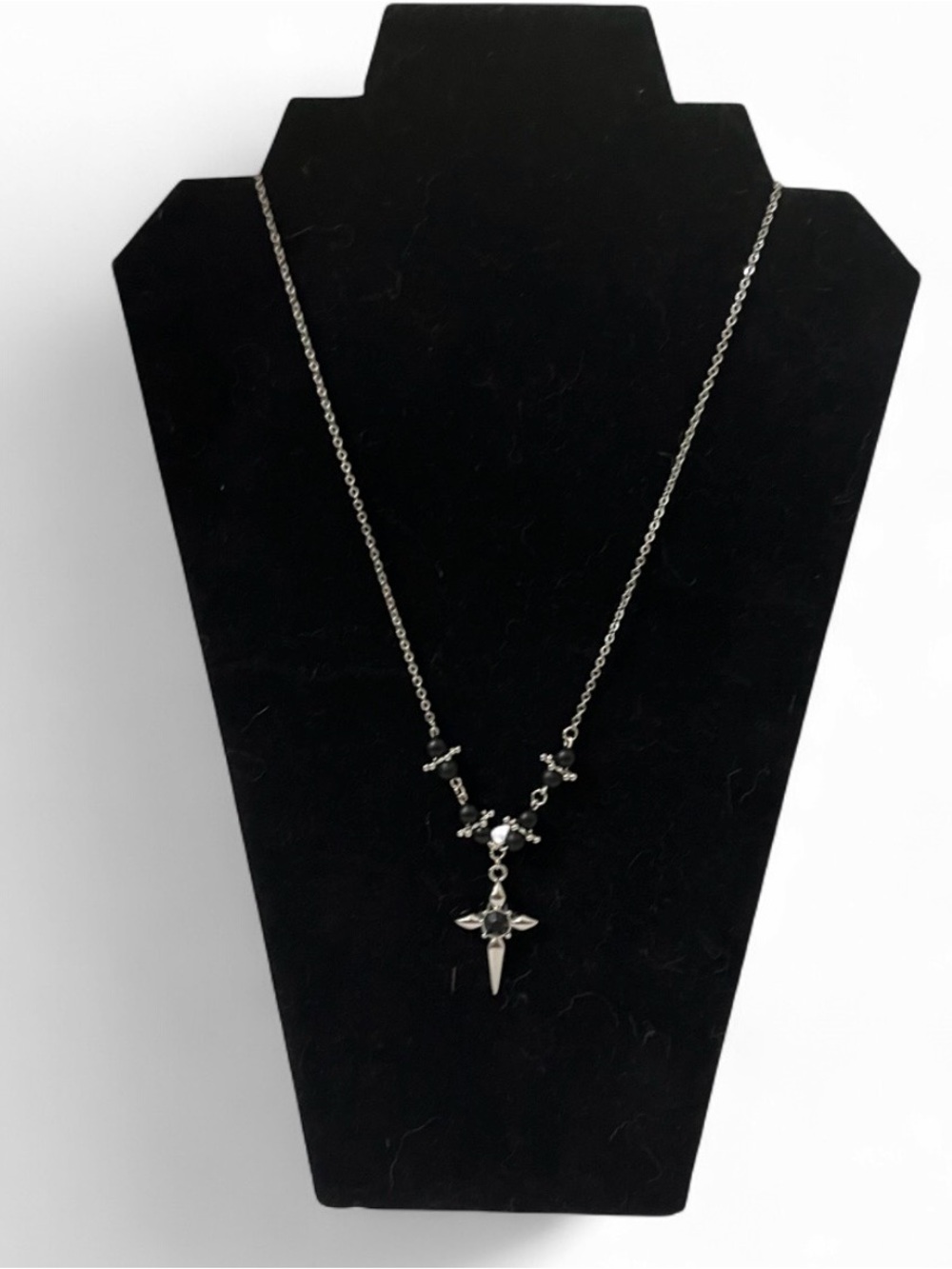 Gothic Silver Cross Pendant Necklace Black Bead Silver Chain Grunge Punk Goth